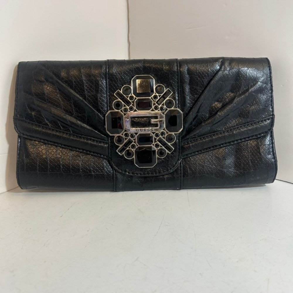 Guess Black Croc Embossed Gemstone Buckle Clutch Bag Evening Purse G Logo